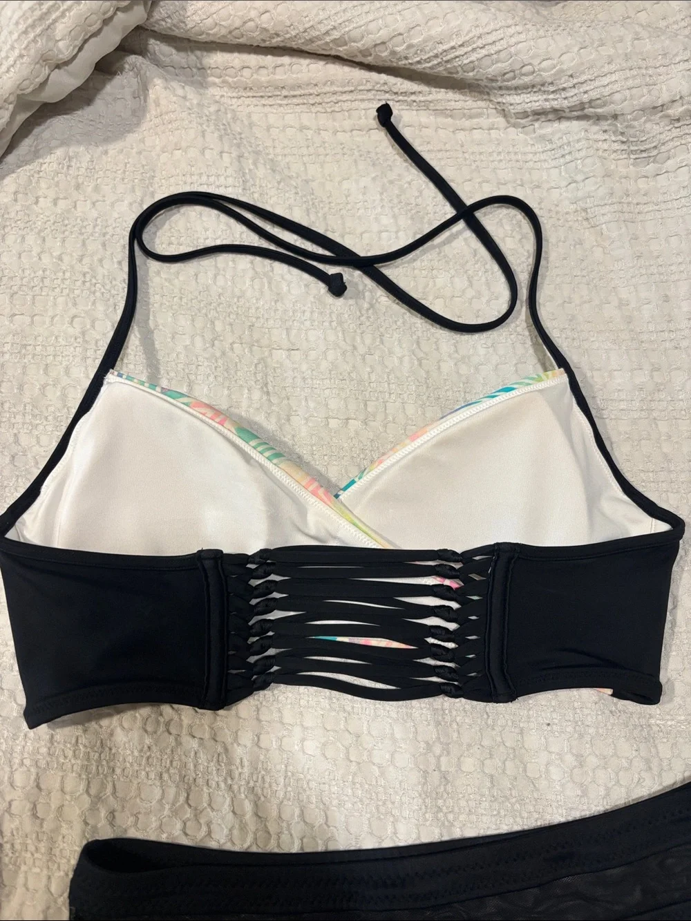 High-Waist Two-Piece Swim Set with Pastel Geometric Top and Black Bottom